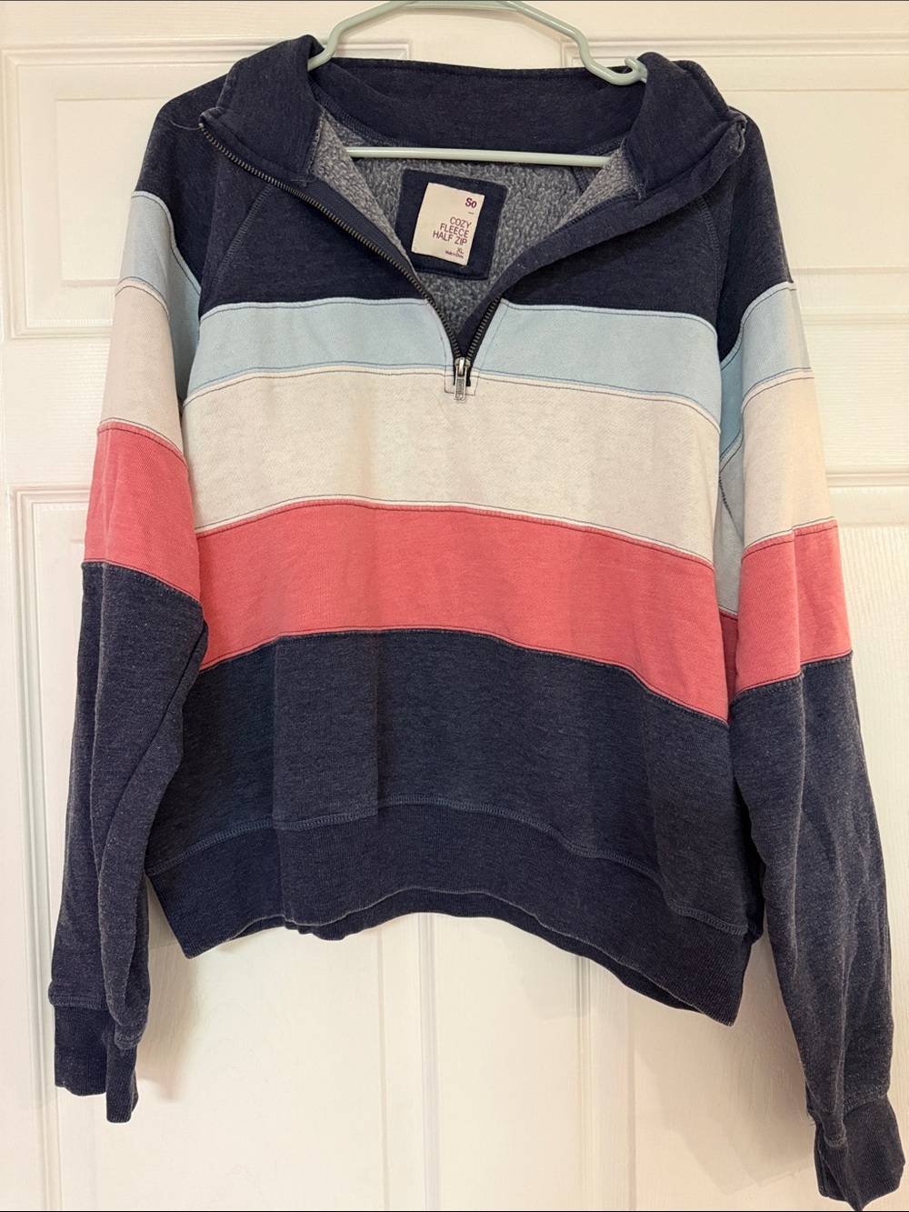 SO Striped Half-Zip Pullover Sweatshirt - Navy, Coral & Light Blue